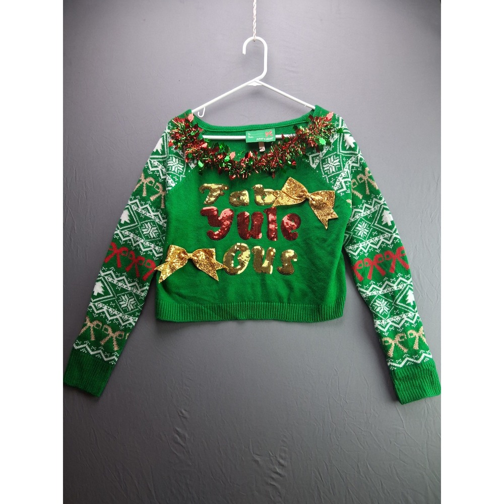 Planet Heart Ugly Christmas Sweater Fab Yule Ous L Green Sequin Bows Tinsel Crop